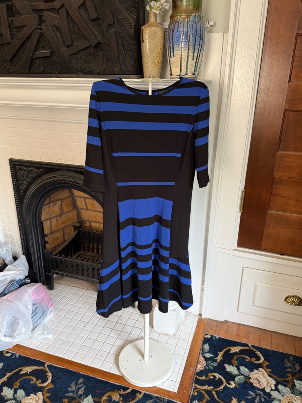 Gabby Skye Black and Royal Blue Striped Fit-and-Flare Dress-worn 2x- gorgeous!